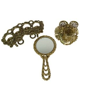 Vintage Gold Filigree Vanity Set Mirror Lipstick Holders Hollywood Regency